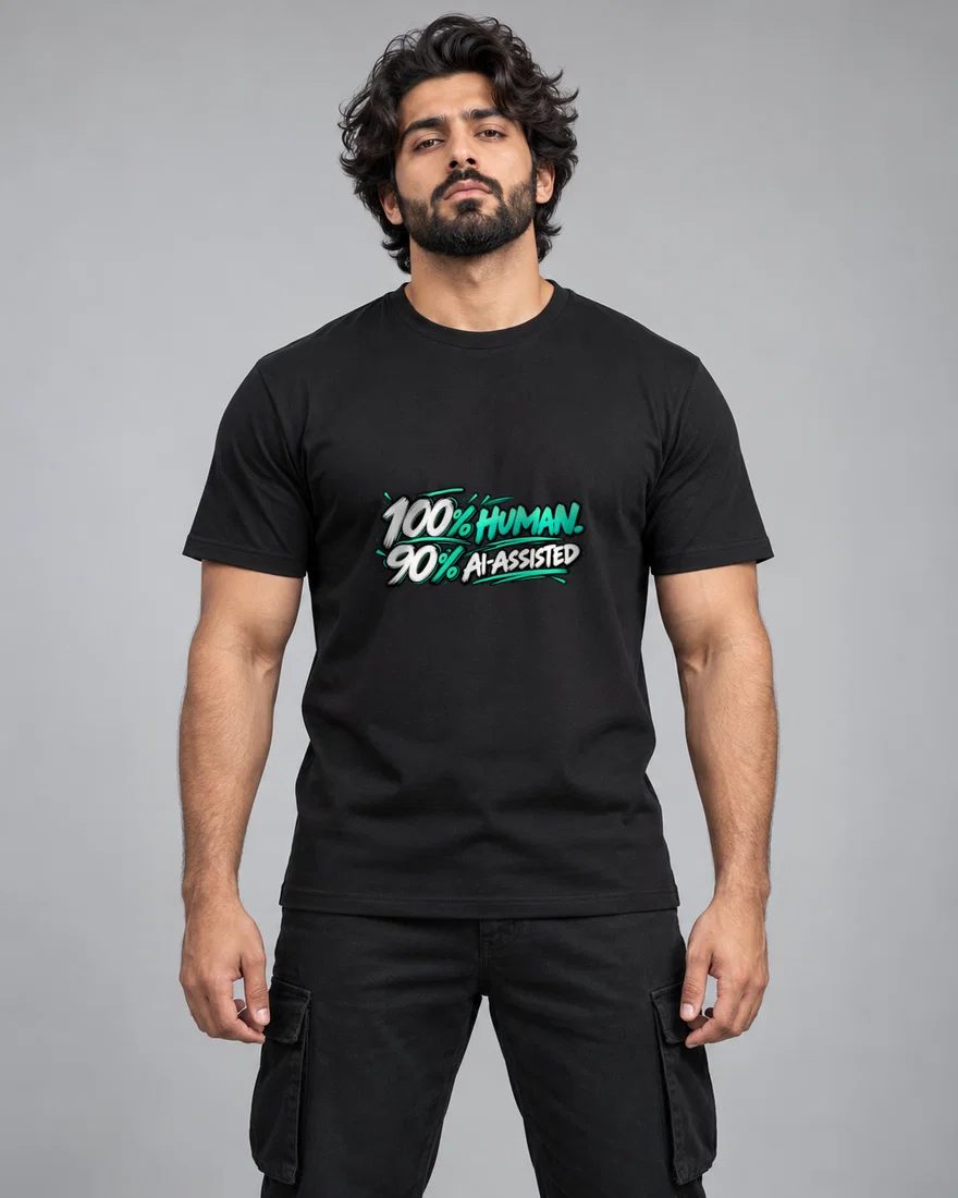100% Human. 90% AI-Assisted printed T-shirt, black
