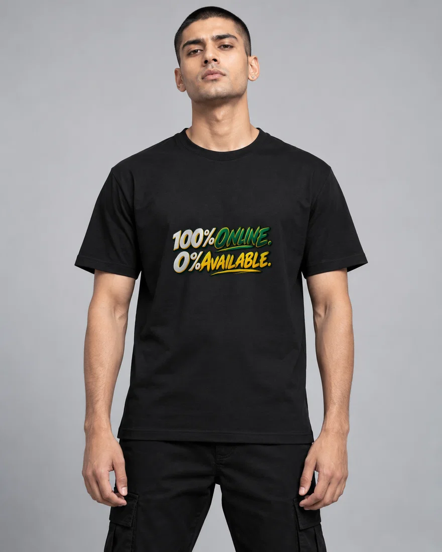 100% Online. 0% Available printed T-shirt, black