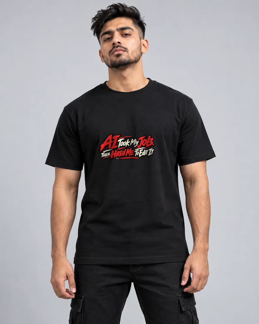 AI Took My Job. Then Hired Me To Edit It printed T-shirt, black
