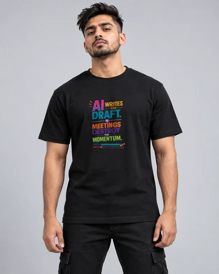 AI writes the draft. Meetings destroy the momentum printed T-shirt for men
