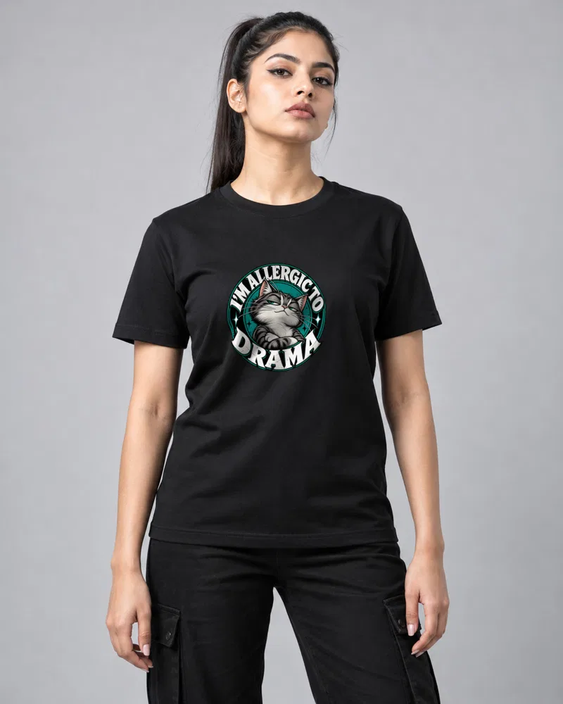 Allergic to Drama Cat printed T-shirt, black