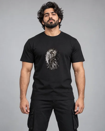 Angel And Demon Knight With Shattered Clock printed T-shirt for men