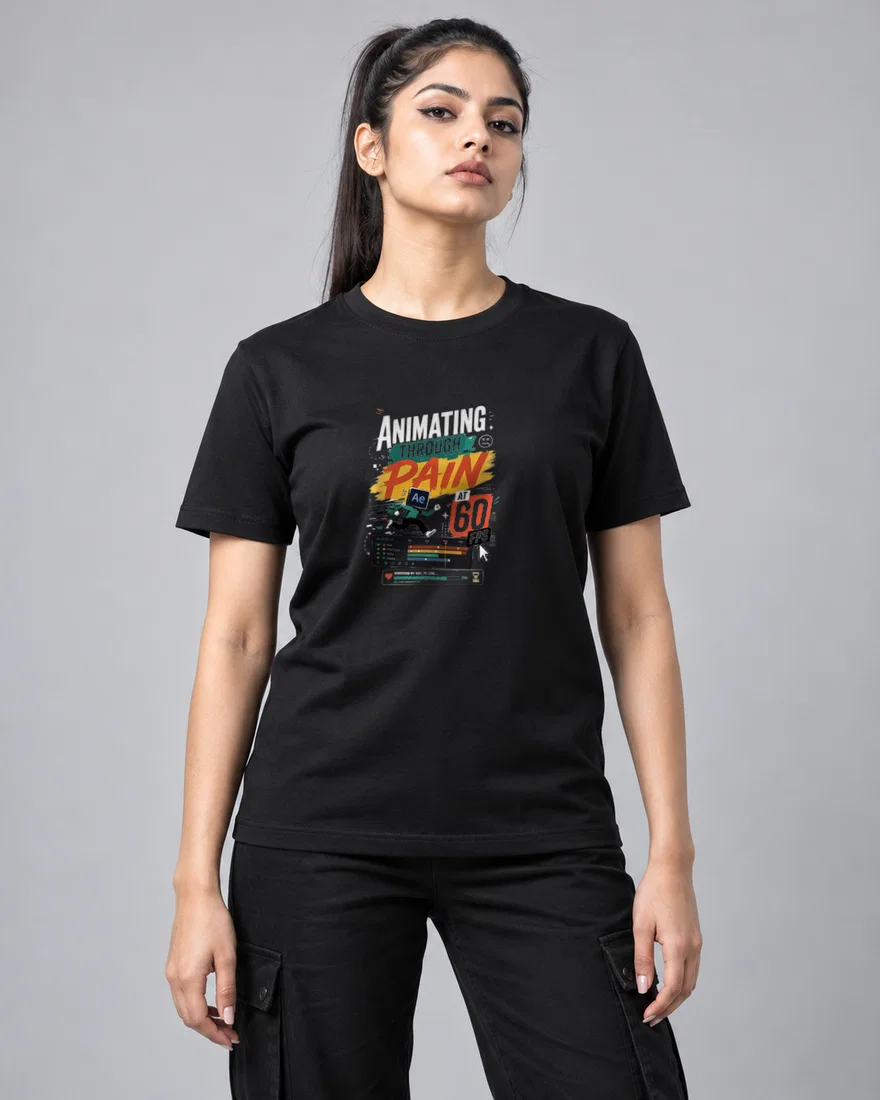 Animating through pain at 60fps printed T-shirt, black