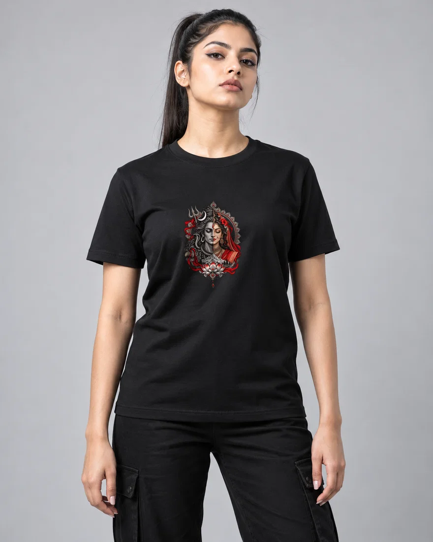 Ardhanarishvara Half Shiva Half Shakti printed T-shirt, black