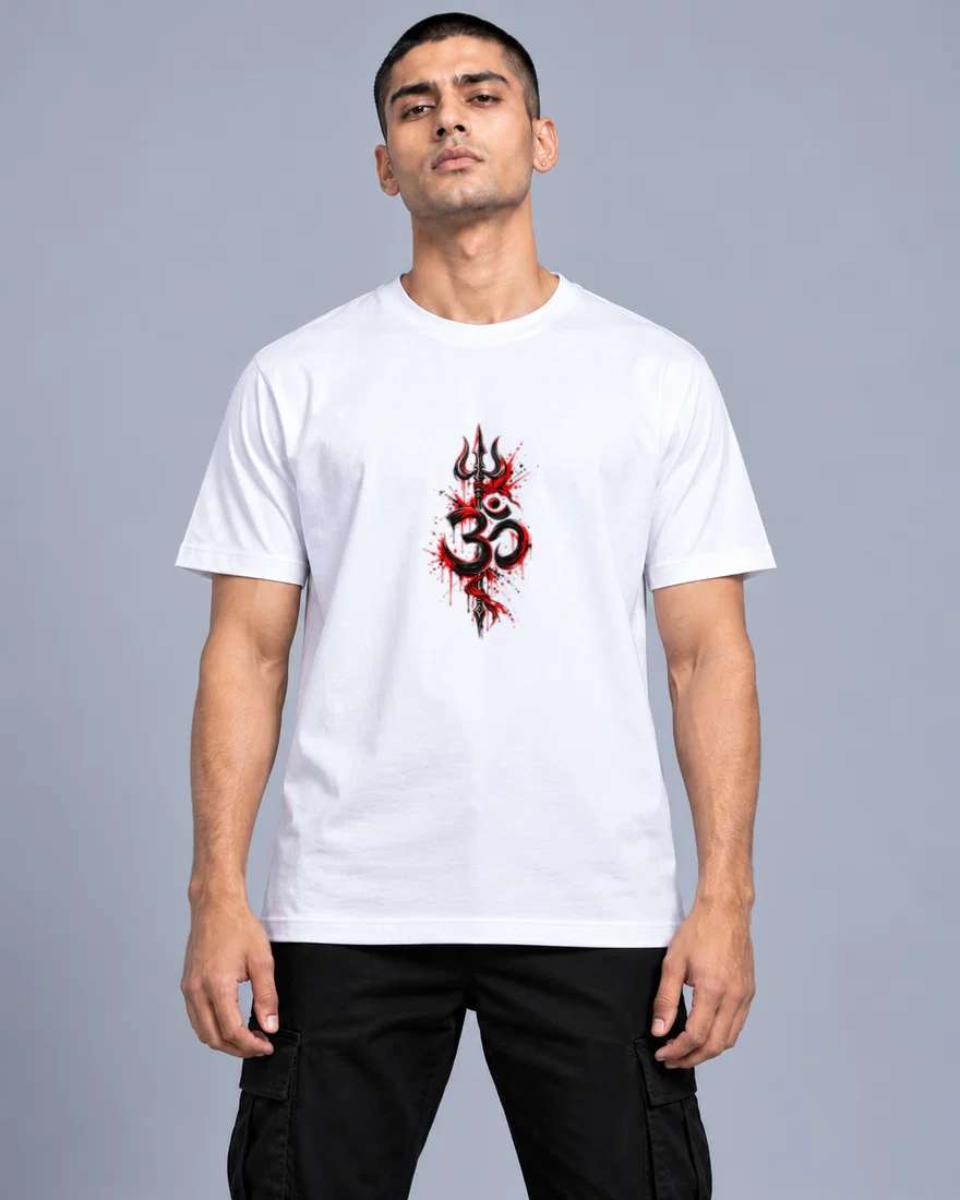 Black And Red Om Trident Emblem printed T-shirt, white