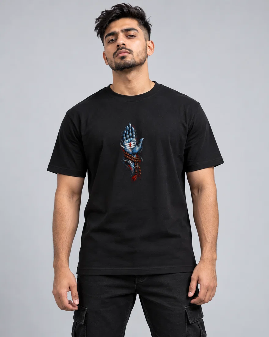 Blue Shiva-Inspired Blessing Hand printed T-shirt, black