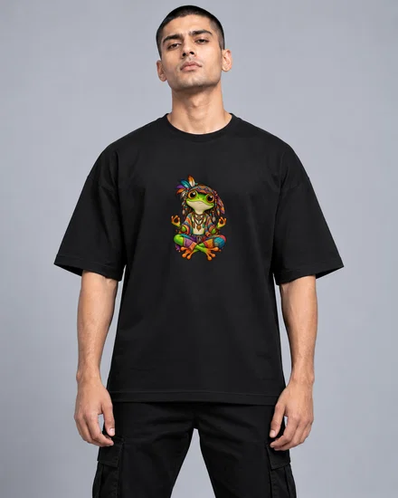 Bohemian Meditating Frog Sticker printed T-shirt for men and women