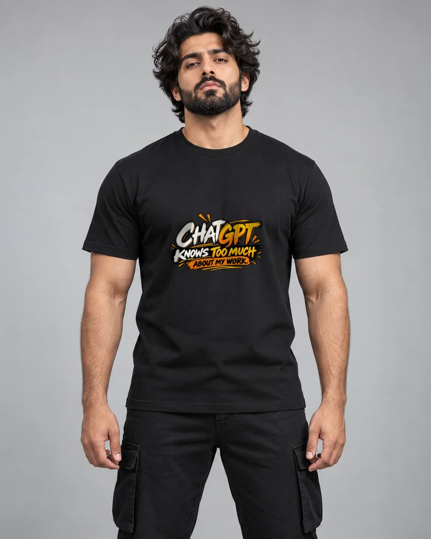ChatGPT Knows Too Much About My Work printed T-shirt, black