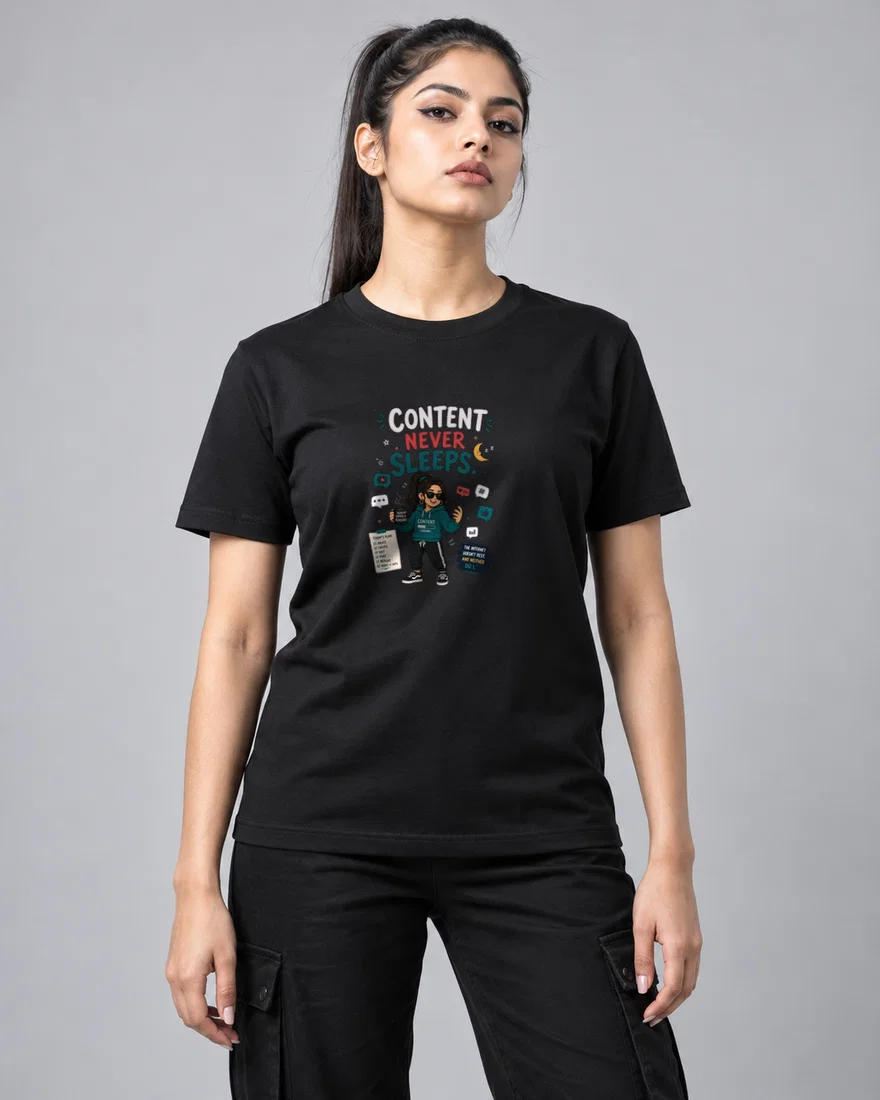 Content never sleeps printed T-shirt, black