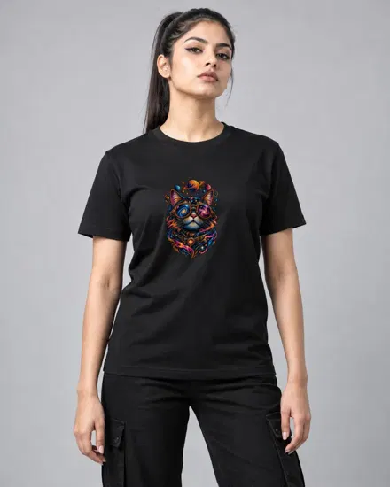 Cosmic Cat in Goggles printed T-shirt for men and women