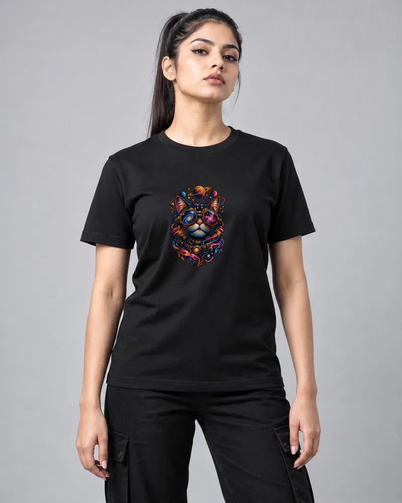 Cosmic Cat in Goggles printed T-shirt, black