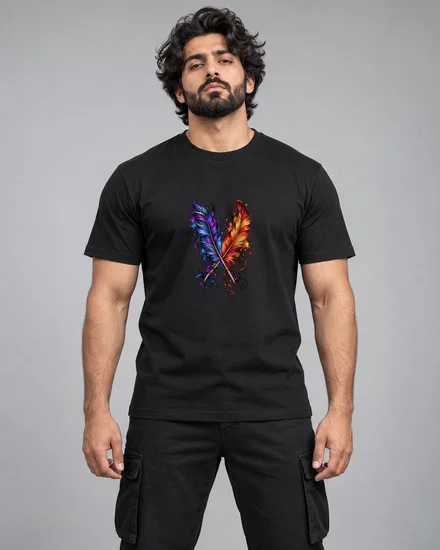 Cosmic Crossed Feather Fusion printed T-shirt for men and women
