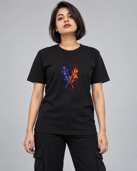 Cosmic Crossed Feather Fusion printed T-shirt for women