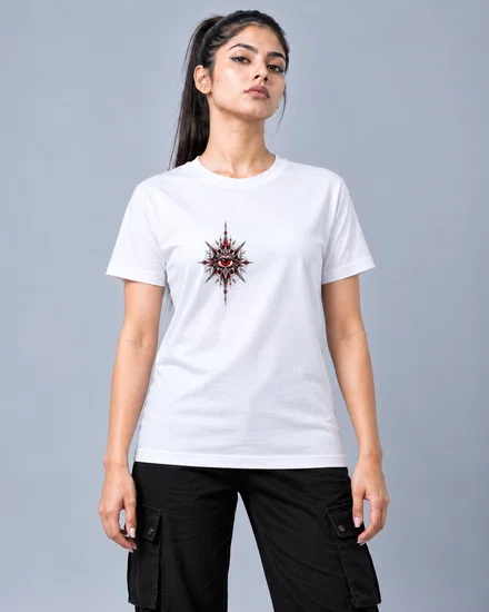 Crimson All-Seeing Eye Mandala printed T-shirt for women
