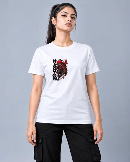 Crimson Night Owl Vigilante printed T-shirt for women