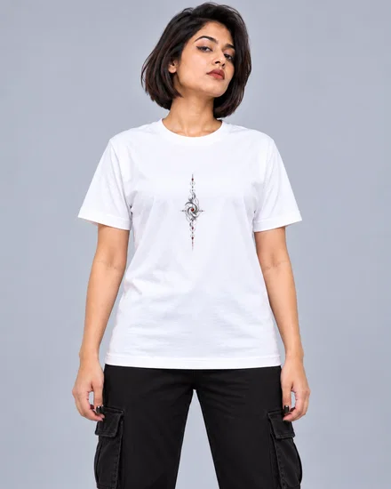Crimson Ornamental Spine Emblem printed T-shirt for women