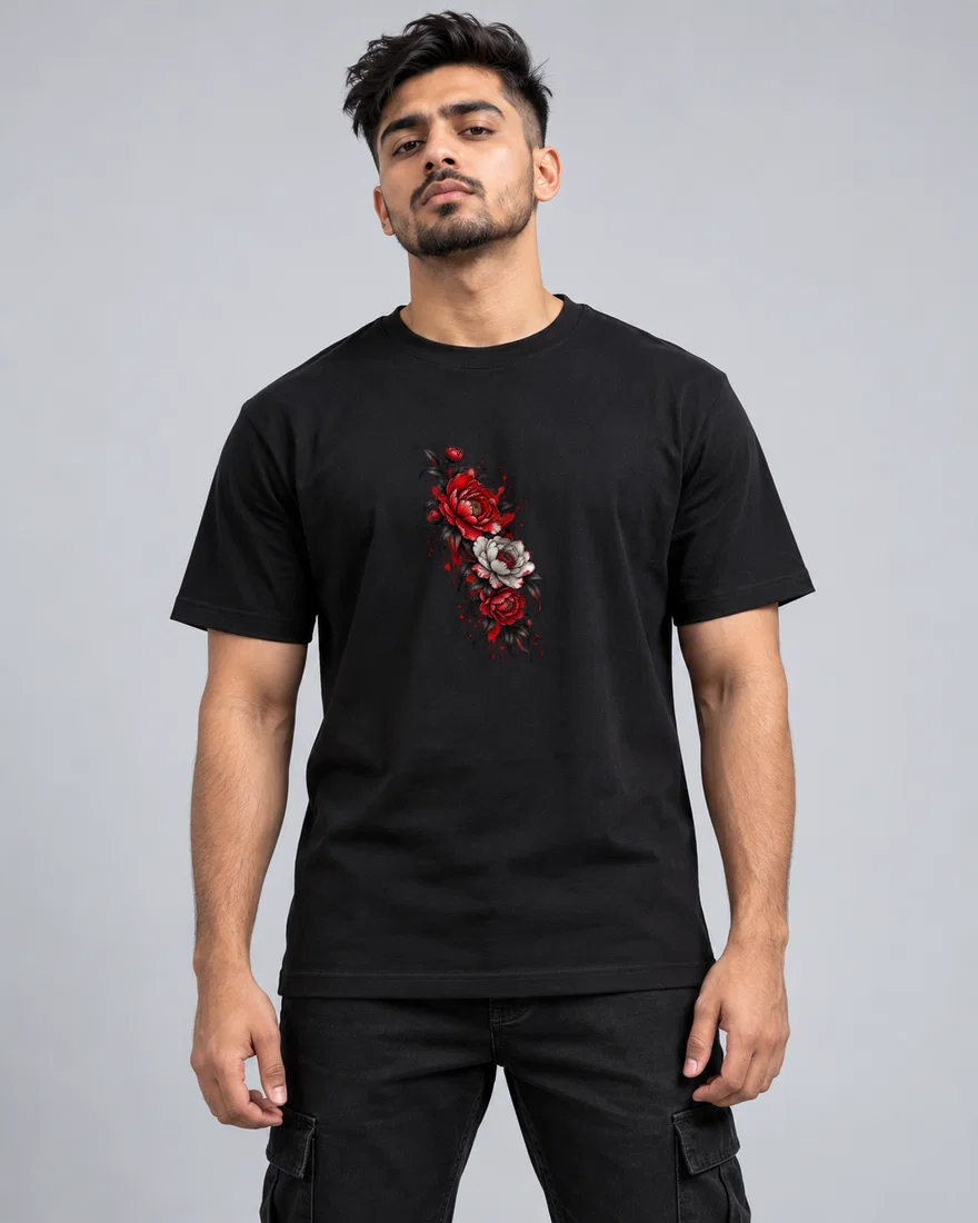 Crimson Peony Floral Splash printed T-shirt, black