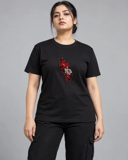 Crimson Peony Floral Splash printed T-shirt for women