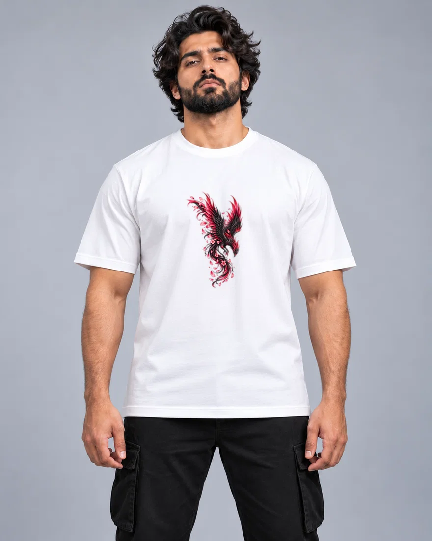 Crimson Phoenix In Flight printed T-shirt, white