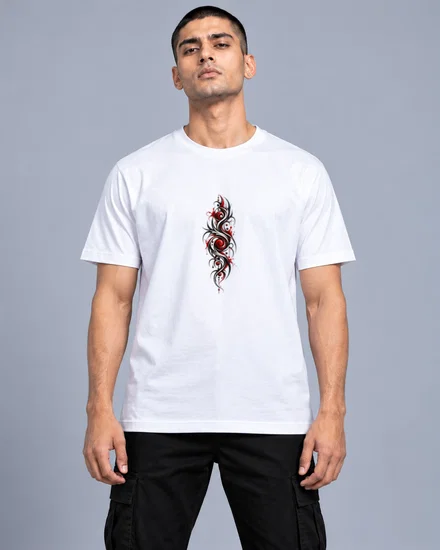 Crimson Tribal Swirl Tattoo Column printed T-shirt for men