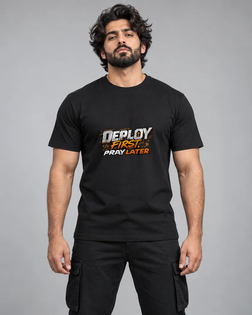 Deploy First. Pray Later printed T-shirt, black