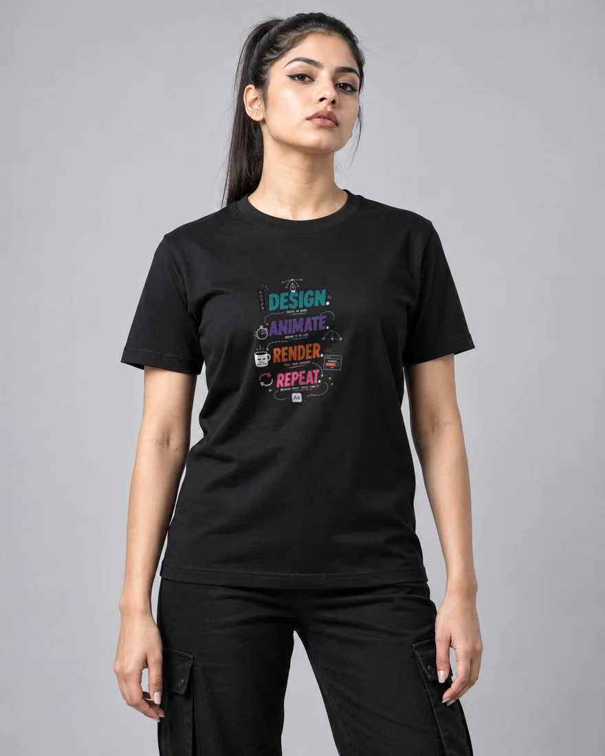 Design. Animate. Render. Repeat printed T-shirt, black