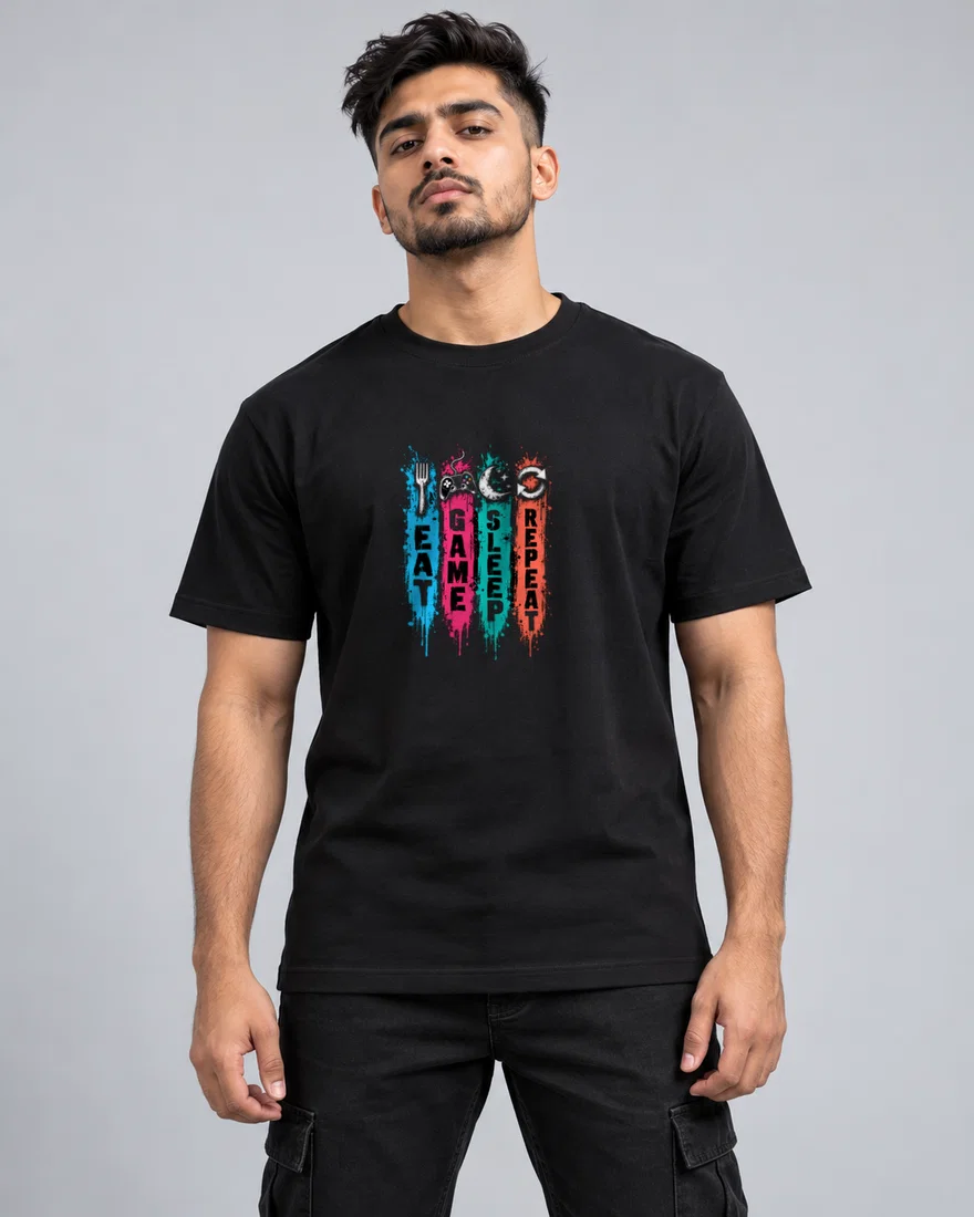 Eat Game Sleep Repeat Grunge Poster printed T-shirt, black