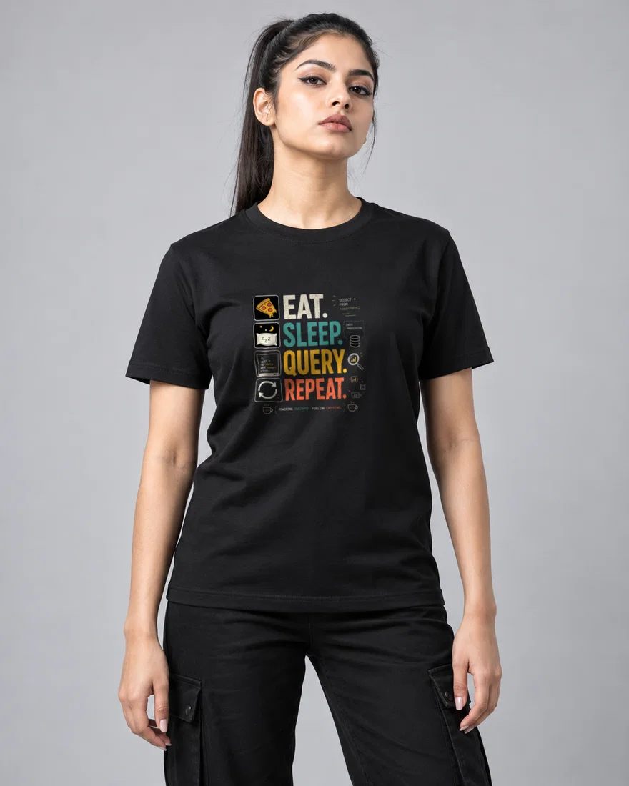 Eat. Sleep. Query. Repeat printed T-shirt, black
