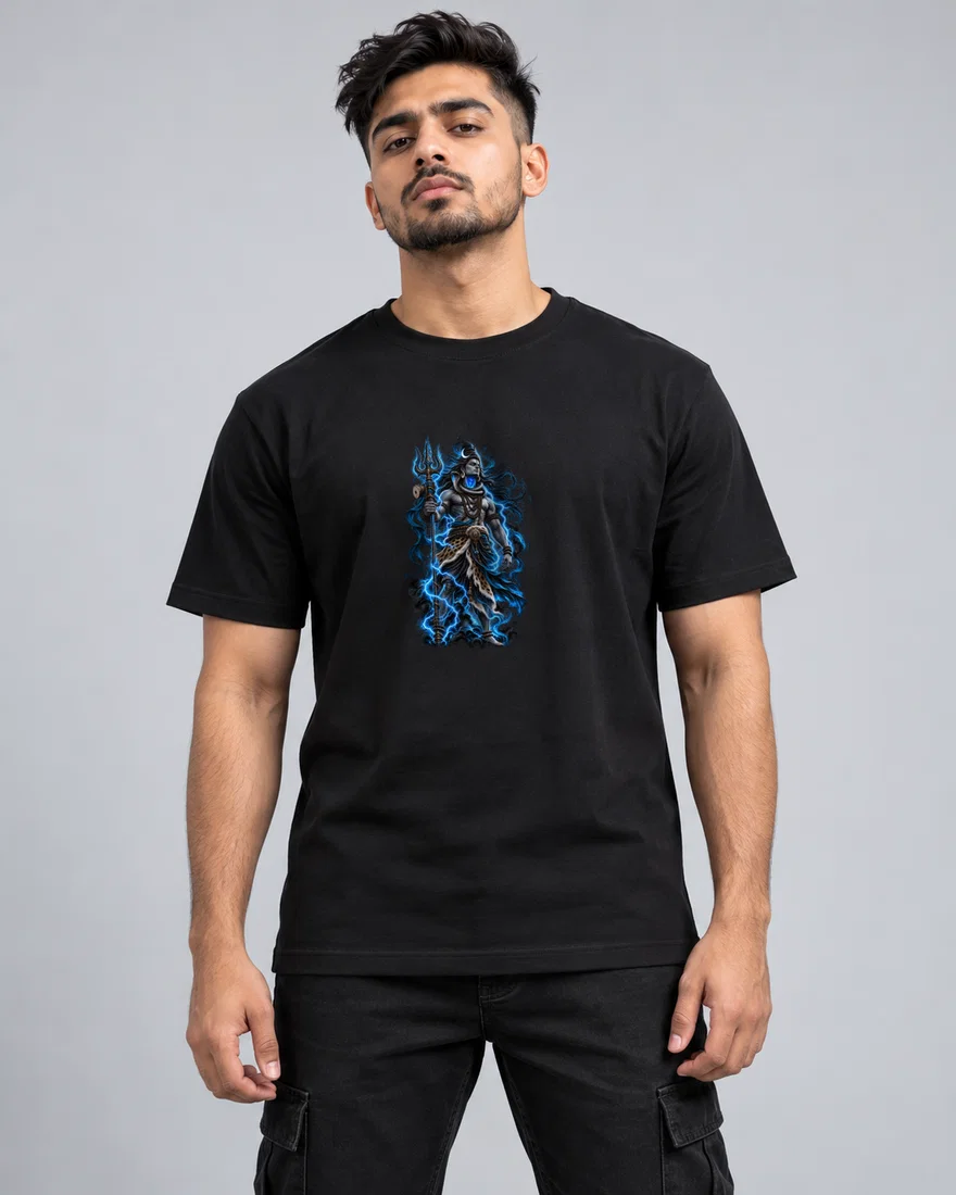Electric Blue Shiva With Trident printed T-shirt, black