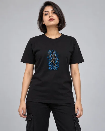 Electric Blue Shiva With Trident printed T-shirt for women