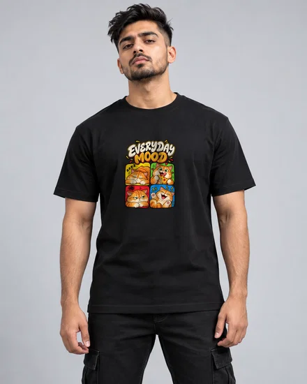 Everyday Mood Cat Comic Sticker printed T-shirt for men