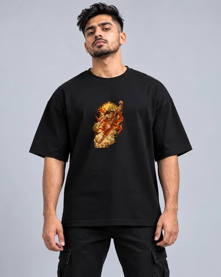 Fiery Hanuman Flying With Mace printed T-shirt for men and women
