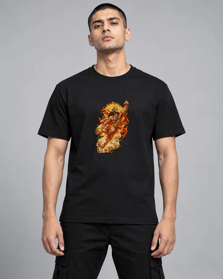 Fiery Hanuman Flying With Mace printed T-shirt for men
