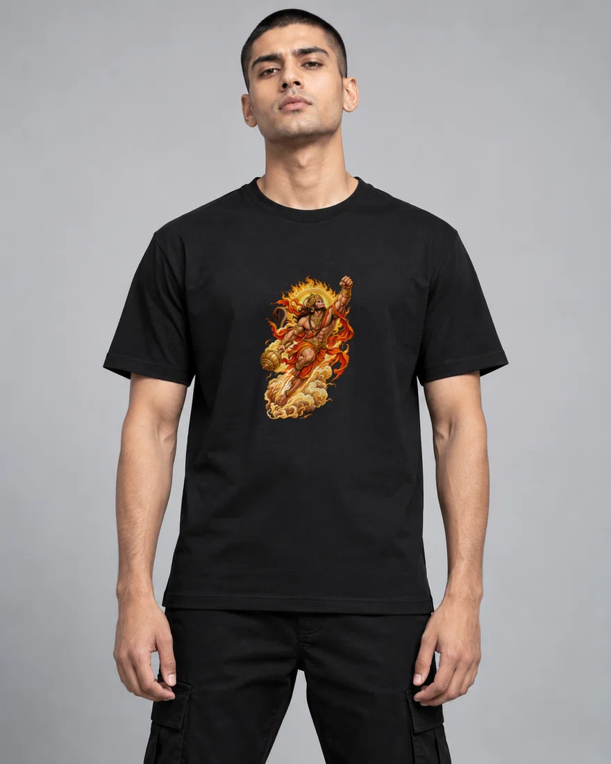 Fiery Hanuman Flying With Mace printed T-shirt, black
