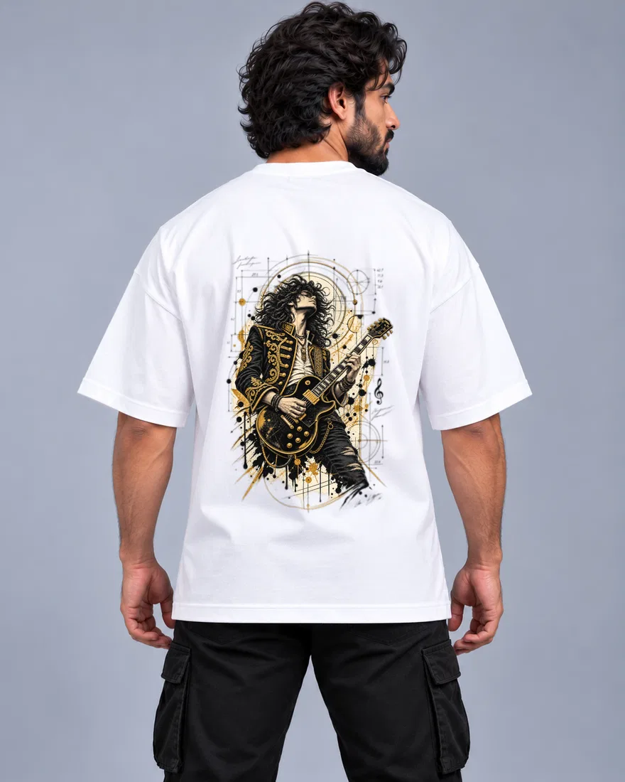 Man wearing a white oversized tee with a large gold rock guitarist back print