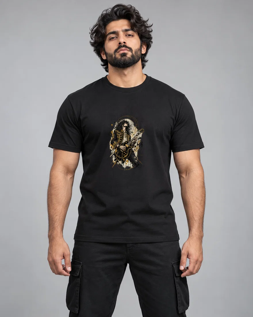 Gilded Blueprint Rock Guitarist printed T-shirt, black