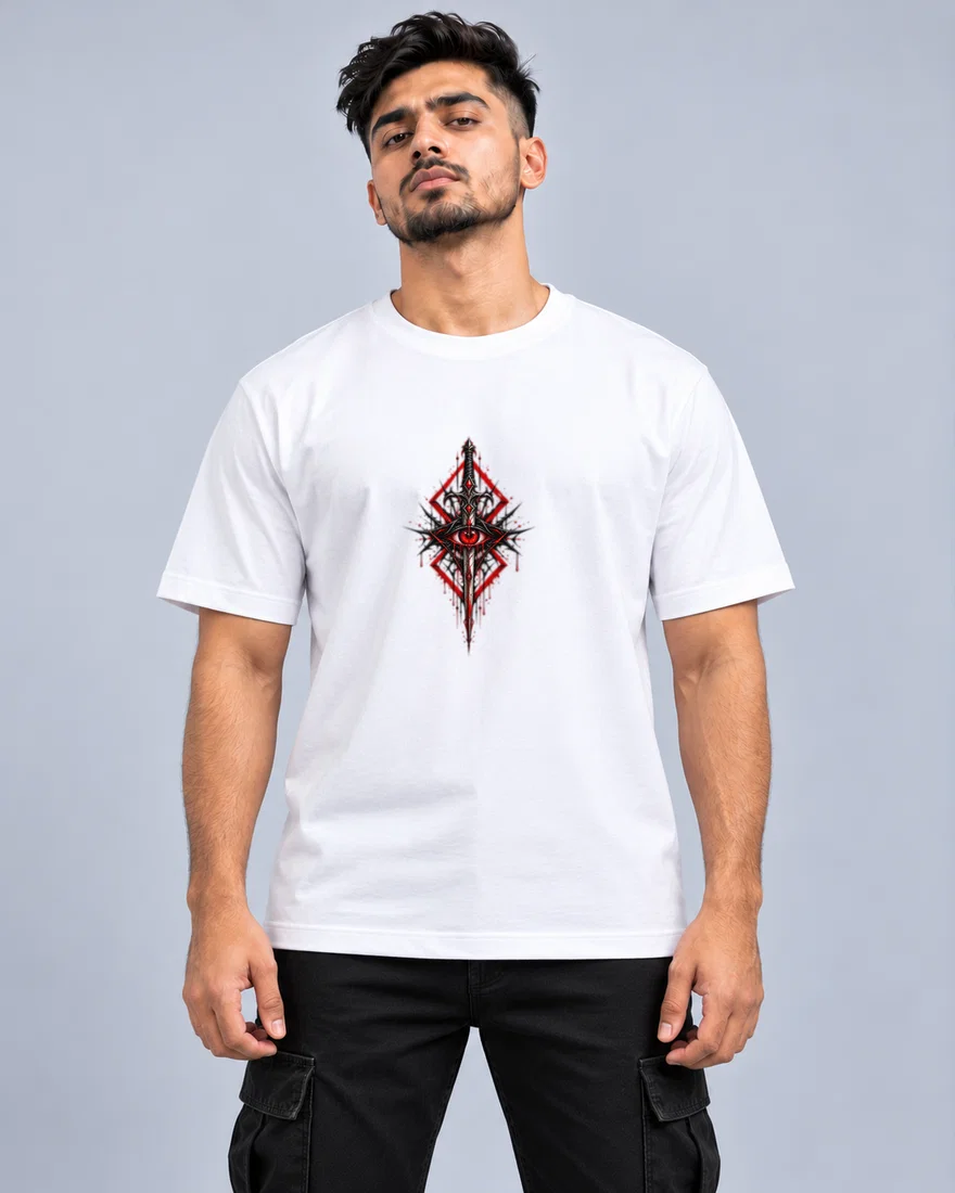 Gothic Dagger And Crimson Eye Emblem 2 printed T-shirt, white