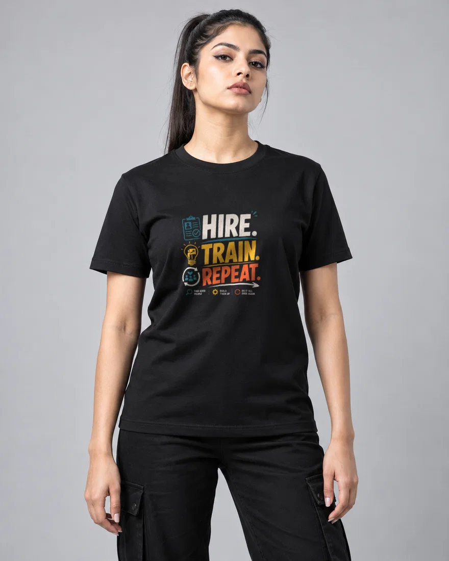 Hire. Train. Repeat printed T-shirt, black