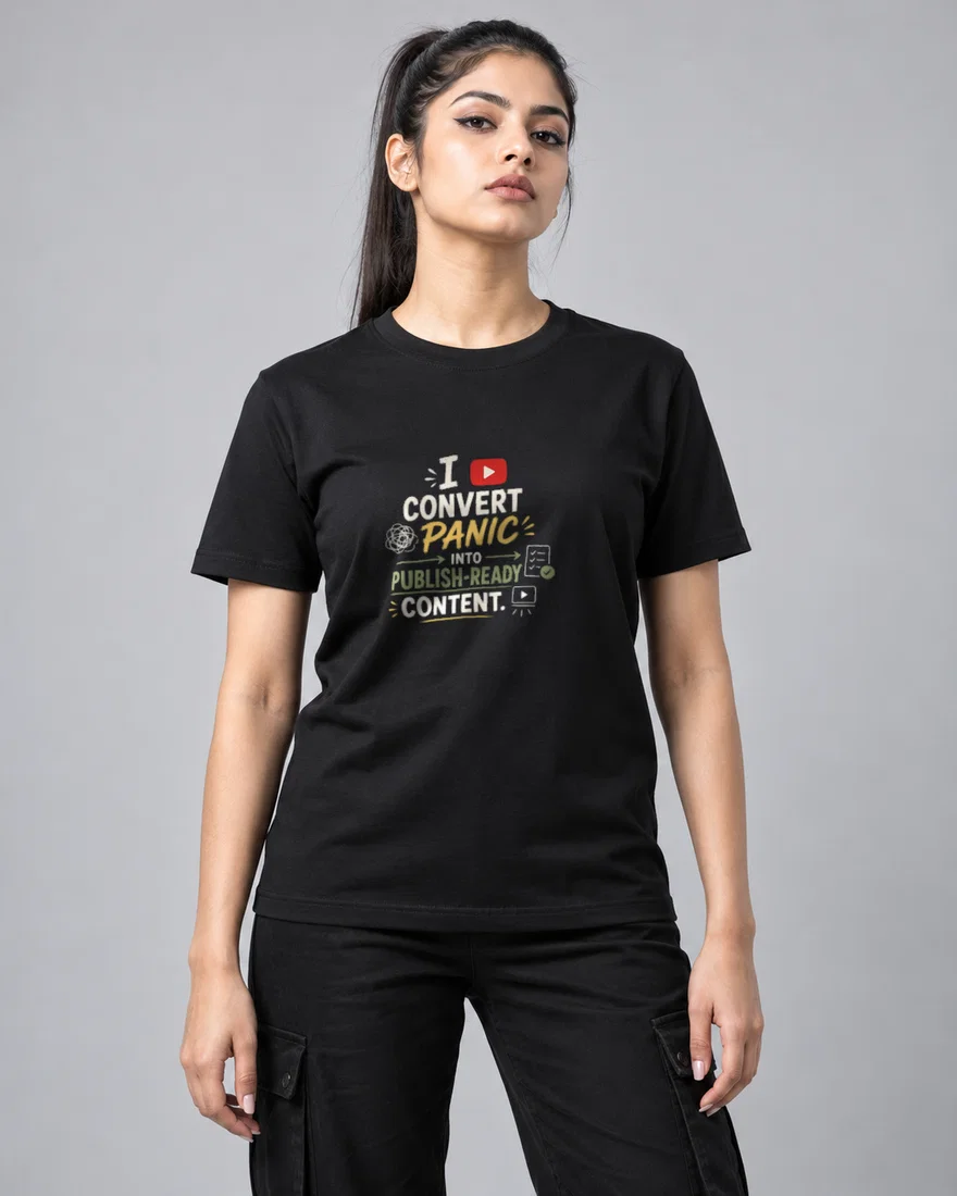 I convert panic into publish-ready content printed T-shirt, black