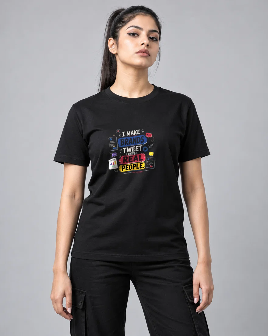 I make brands tweet like real people printed T-shirt, black