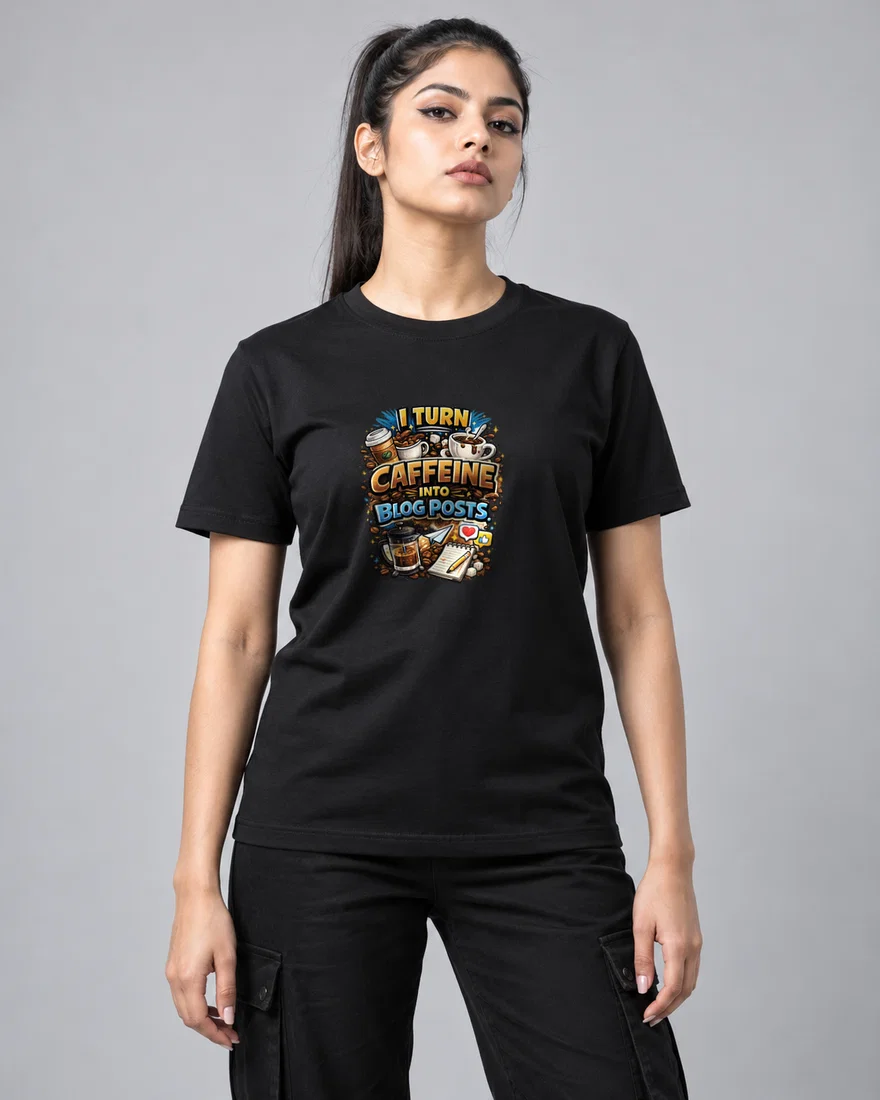 I turn caffeine into blog posts printed T-shirt, black