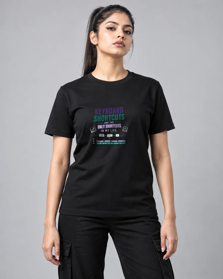 Keyboard shortcuts are the only shortcuts in my life printed T-shirt, black