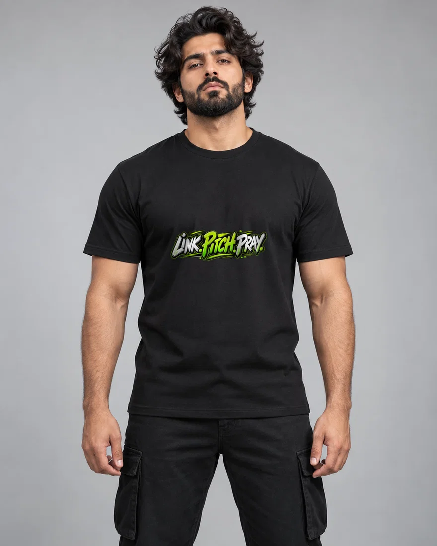 Link. Pitch. Pray printed T-shirt, black