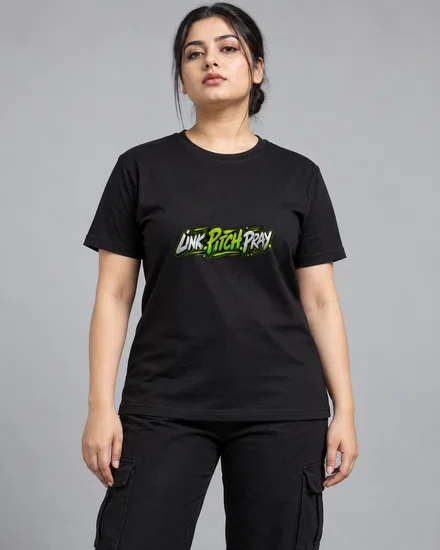 Link. Pitch. Pray printed T-shirt for women