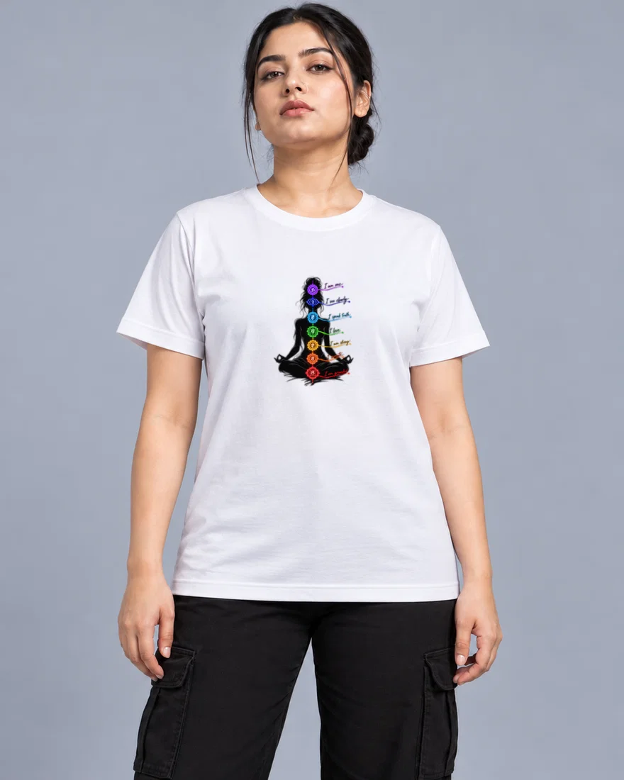 Meditating Chakra Affirmations Silhouette printed T-shirt, white