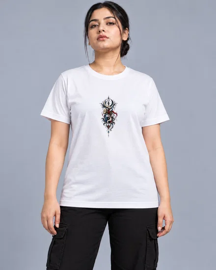 Mystical Crescent And Yin-Yang Tattoo Totem printed T-shirt for women
