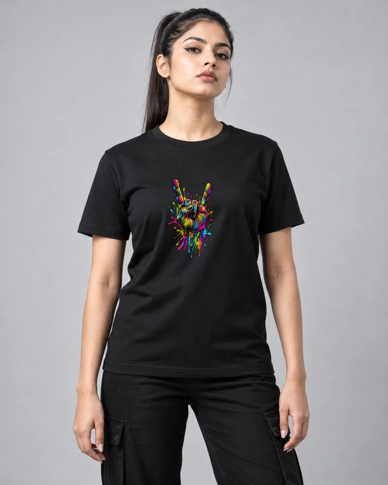Neon Rock On Hand printed T-shirt, black