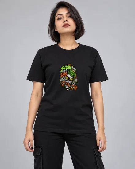 Neon Skate Punk Skull Sticker printed T-shirt for women