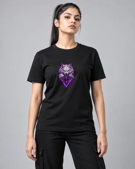 Neon Wolf And Triangle Sigil printed T-shirt for women