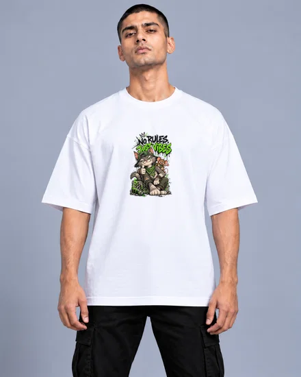 No Rules, Just Vibes Cat Crew printed T-shirt for men and women